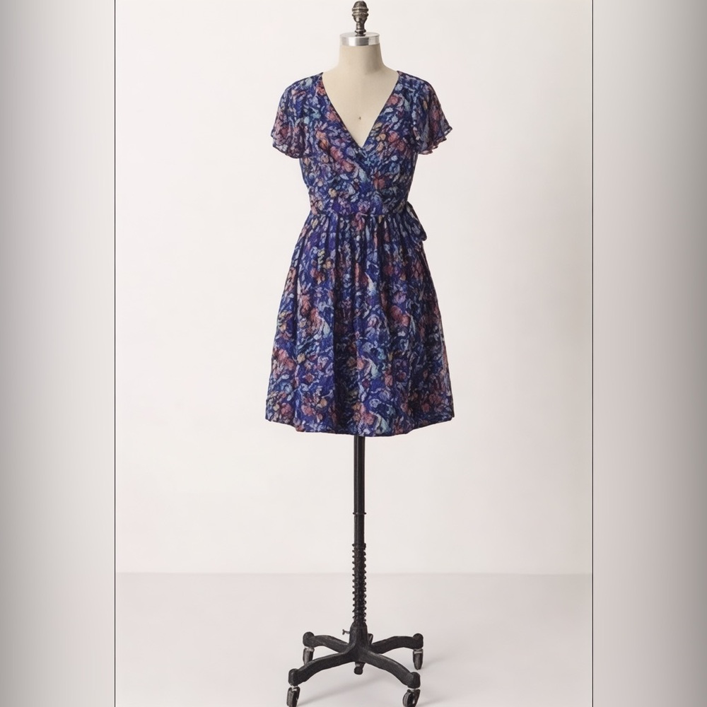 Moulinette Soeurs by Anthropologie Blooming Sapphire Silk Wrap Floral Dress